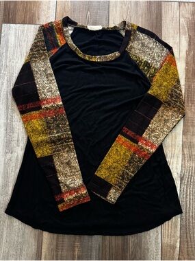 Flamingo Urban Black Long Sleeve Top with Mustard and Rust Patterned Sleeves